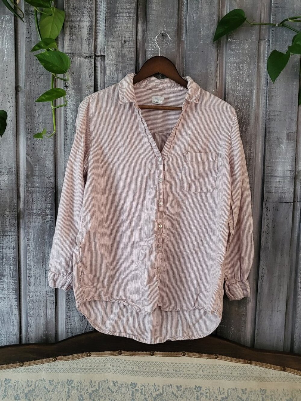 Sigrid Olsen 100% Linen Pink Striped Roll-Up Shirt M